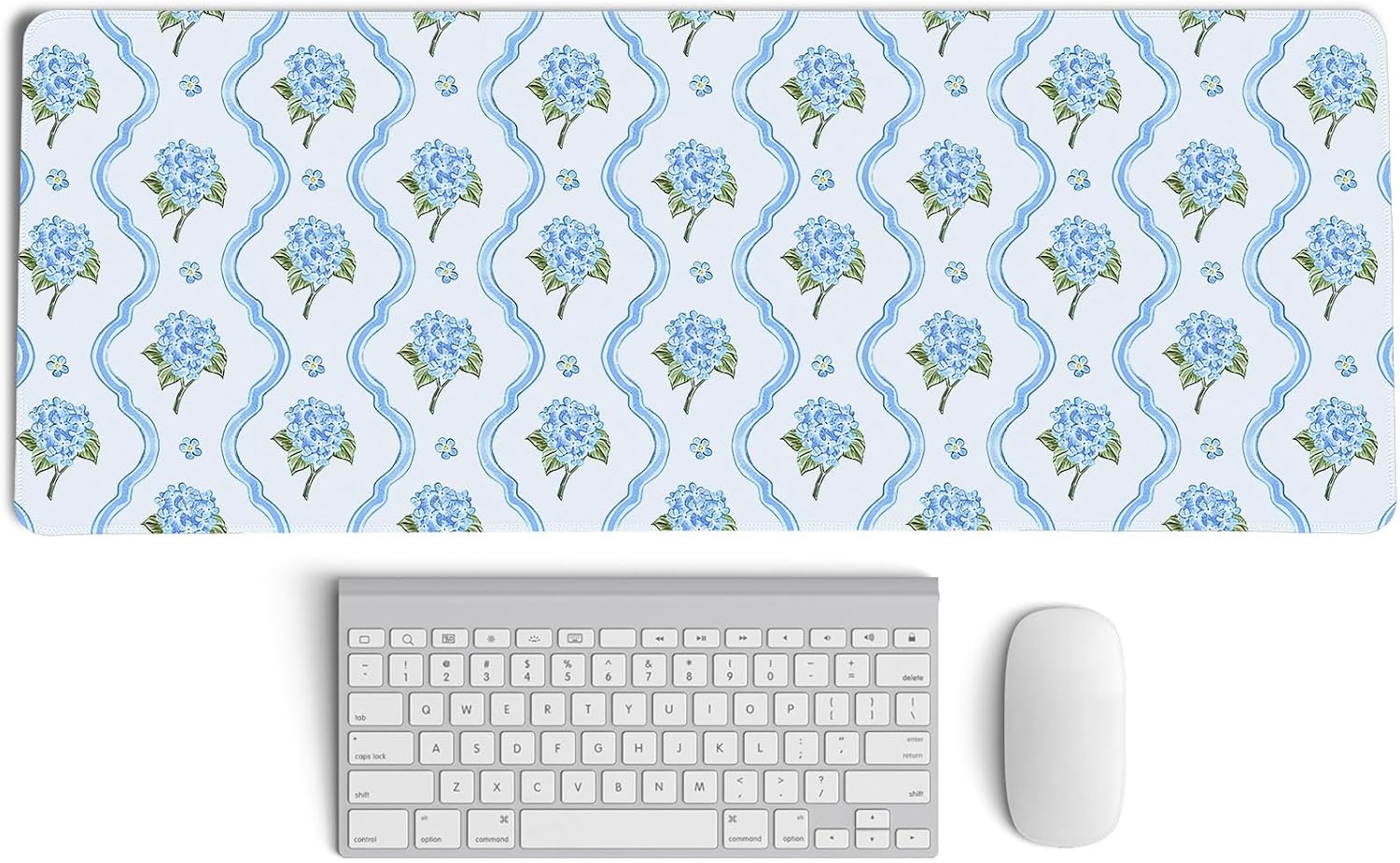 Light Blue Hydrangea Floral Large Mouse Pad,Summer Preppy Cottagecore Desk Mat,Aesthetic Blue and White Flower Botanical Mousepad,for Home Office Dorm Desktop Decor,31.5x11.8 Inch