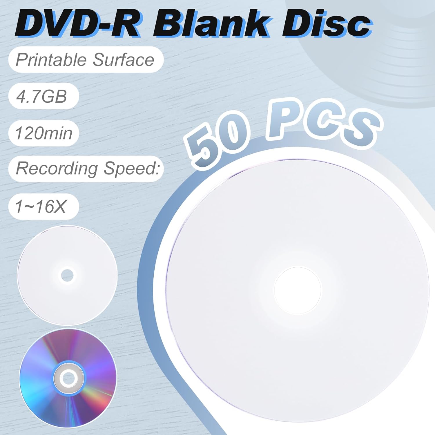 Set of 50 DVD-R Blank Discs with Clear Jewel Cases 4.7GB 120 Minutes 1-16X Recordable Blank Media Discs for VCR Video, Camera, Music Data