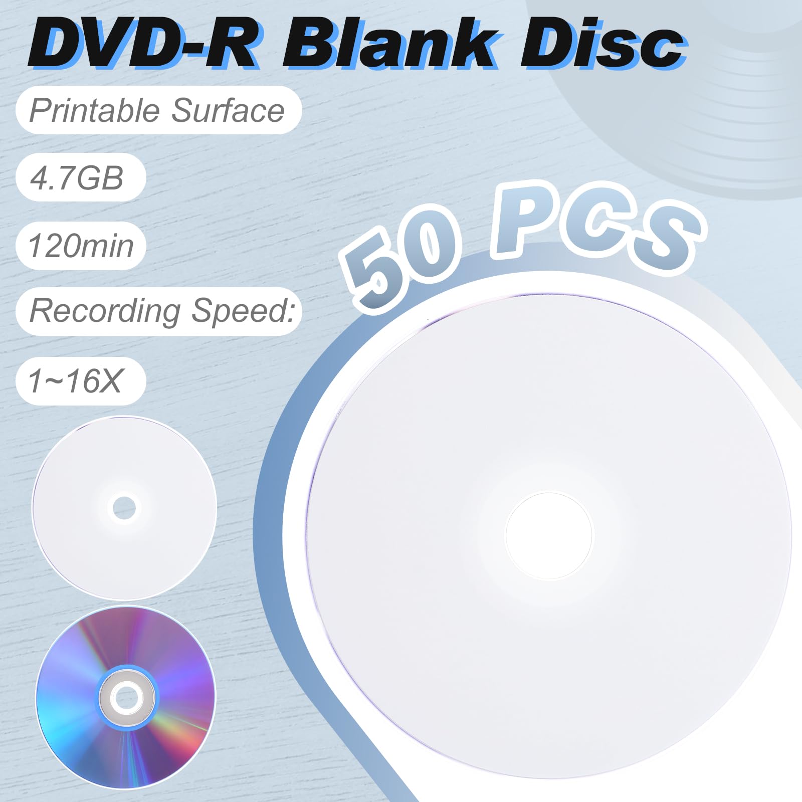 50 discos grabables en blanco de 4,7 GB, 120 minutos, 1-16 discos DVD-R imprimibles en blanco con 50 fundas transparentes para video VCR, cámara, datos de música (eje, blanco)