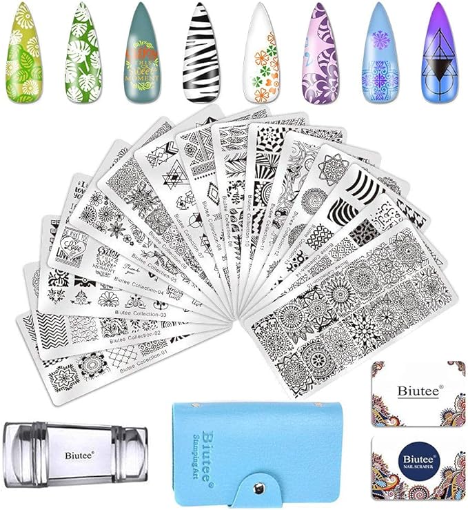 Biutee Tampon Ongle Nail Art Kit avec 15pcs Nail Art Stamping Plaque, 2Pcs Grattoir, 1 Tampon, 1