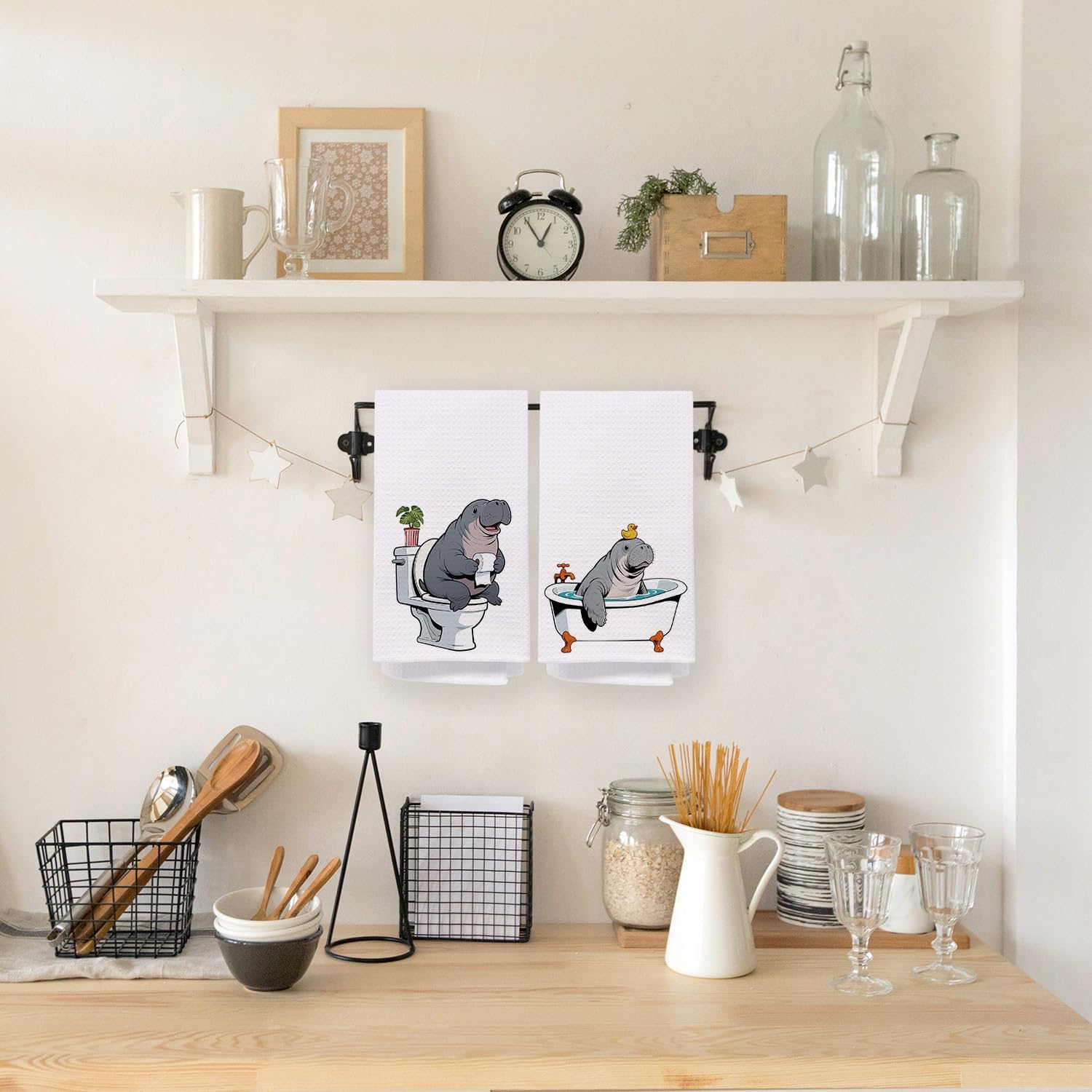 Manatee Gifts Hand Towels for Bathroom, Kids Bathroom Decor, Funny Ocean Animal Manatee Decorative Hand Towels for Washroom Restroom, 16x24 Inch Set of 2 - Image 3