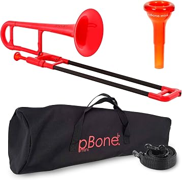 pBone Mini Plastic Trombone with Mouthpiece and Carry Bag Kids Beginner Children - Red