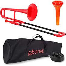 PINSTRUMENTS Plastic Kids pBone Mini Trombone - Mouthpiece & Carrying Bag- Lightweight Versatile, Comfortable Ergonomic Grip- Eb Authentic Sound for Student & Beginner- Durable ABS Construction- Red