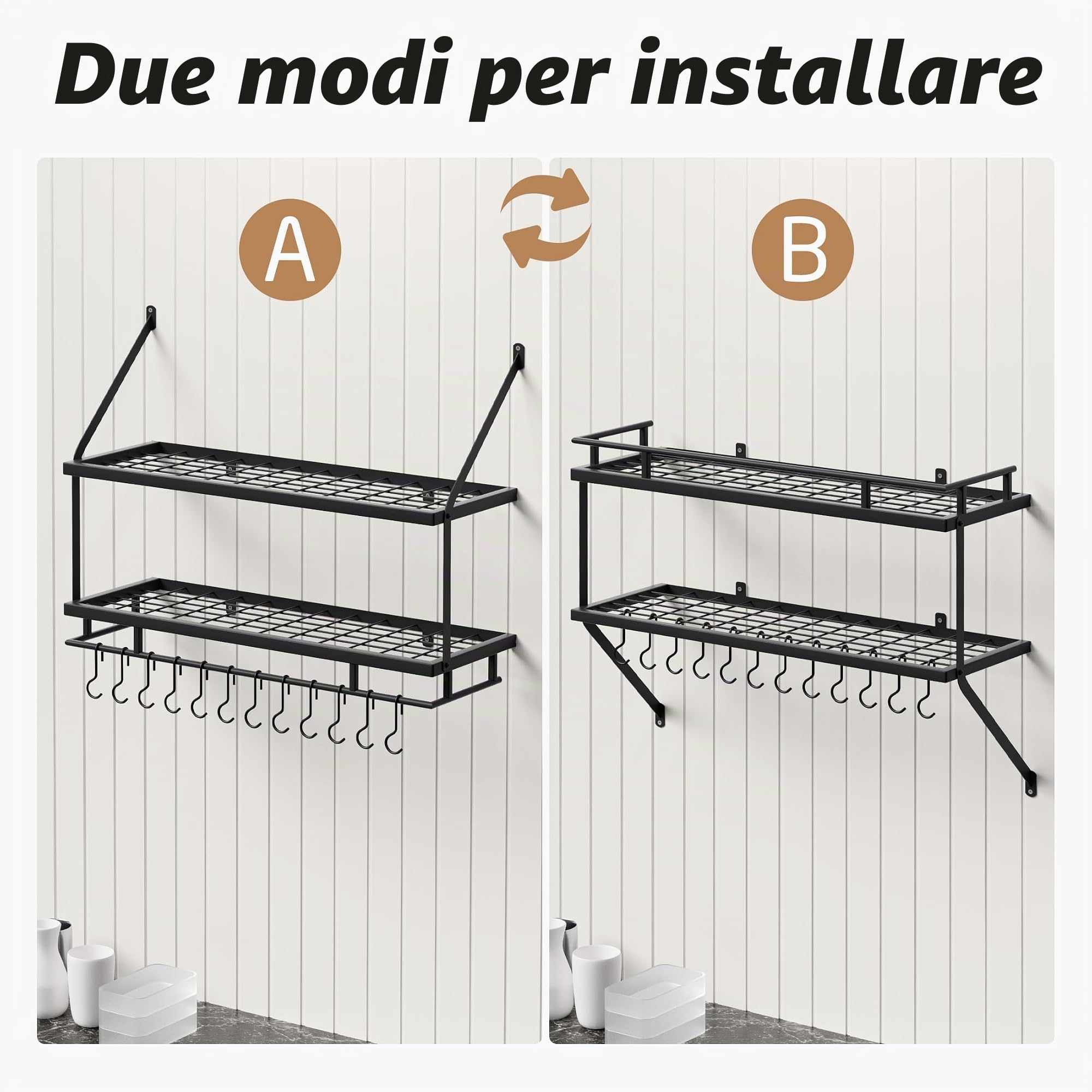 KES Porta Pentole da Cucina Rastrelliera 76CM Pentole Sospese per L'archiviazione e L'organizzazione Della Cucina Mensola per Pentole e Padelle con 12 Ganci Nero Opaco 2 Livelli, KUR215S75B-BK