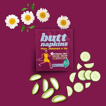 Butt Napkins - Water-Based Flushable Wipes, Individually Wrapped (Running, 50 Count (Pack of 1))