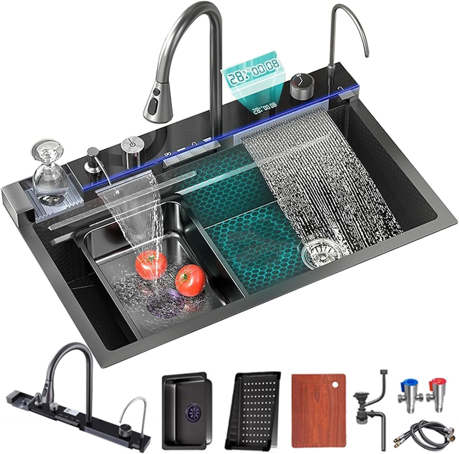 SDdPulse Modern Multifunctional Waterfall Sink with LED Display Cup Washer Soap Dispenser Rain Waterfall and Table Control t for Smart Homes,A-75 * 46 * 22cm