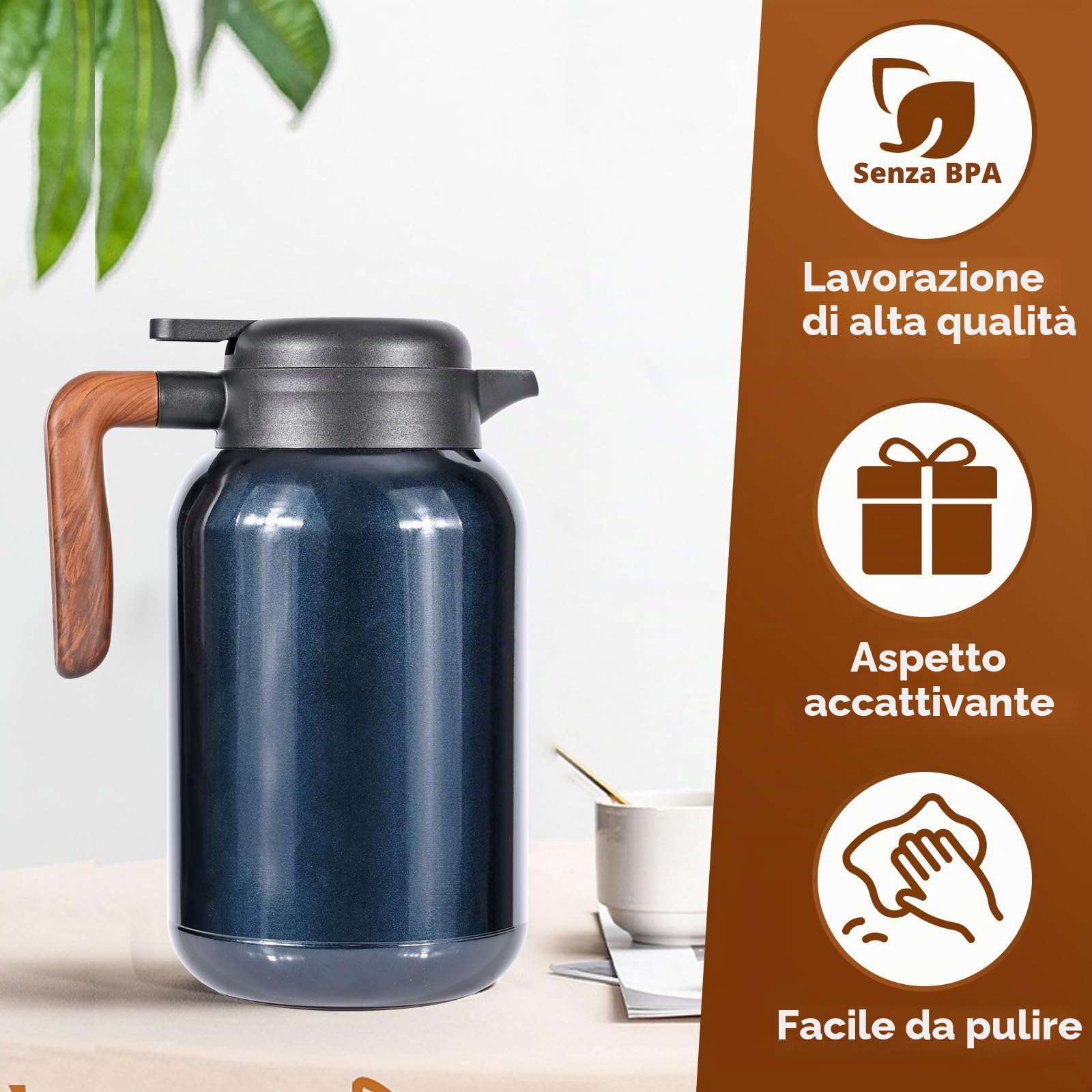 Dreamhigh® Thermos 2 l con colino da tè, thermos con indicatore di temperatura, caffettiera ben sigillata (senza perdite, nessuna goccia), per caffè, tè e latte
