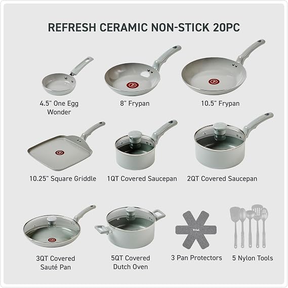 T-Fal Refresh Ceramic Pots and Pans Set, 20-Piece Nonstick Cookware Set, Stockpot, Griddle, Frying Pans, Utensils, Moon Grey