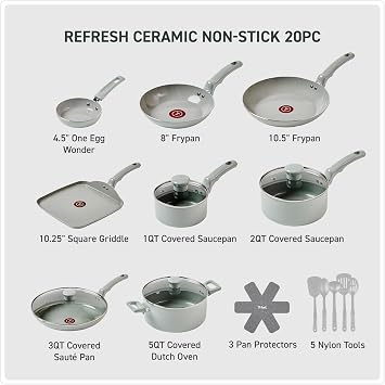 T-Fal Refresh Ceramic Pots and Pans Set, 20-Piece Nonstick Cookware Set, Stockpot, Griddle, Frying Pans, Utensils, Moon Grey