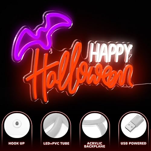 Miniatura 3 de Treela Letrero de neón de Halloween, letrero de neón de fantasma, decoración de mesa de fantasma, luz de neón de Halloween alimentada por USB, para