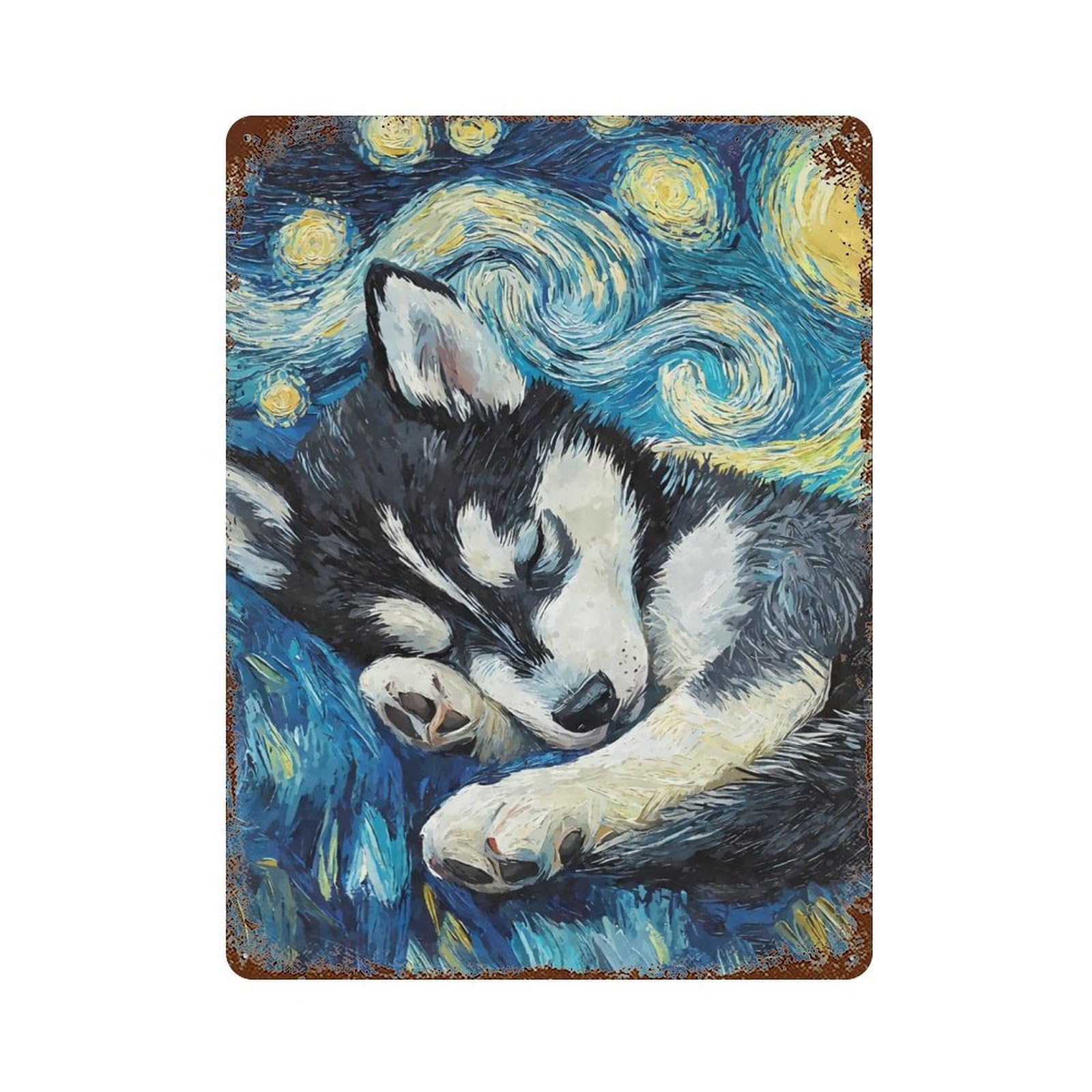 Aged Metal Wall Plaque with Husky Puppy Starry Night Design 15.7"x11.8", for Basement, Hobby Room And Garage Decor, Farmhouse Wall Decor