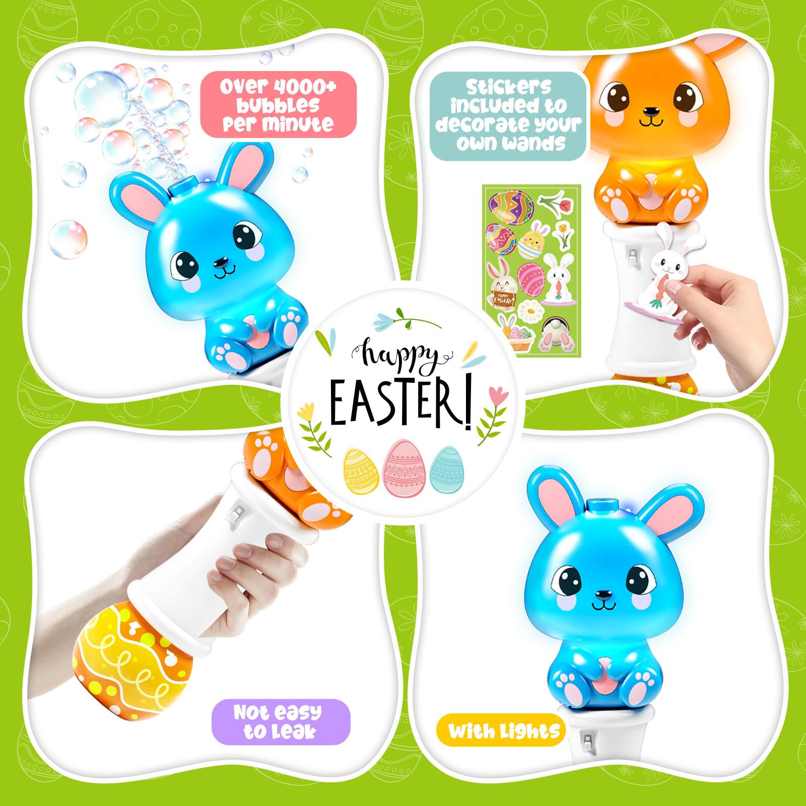 2 Pack Bubble Wands for Kids, Automatic Bubble Blower Machine with Light for Kids Boys Girls, Bunny Bubble Maker with 4 Bubble Solution & Stickers, Summer Outdoor Indoor Activity Easter Gifts - Image 4
