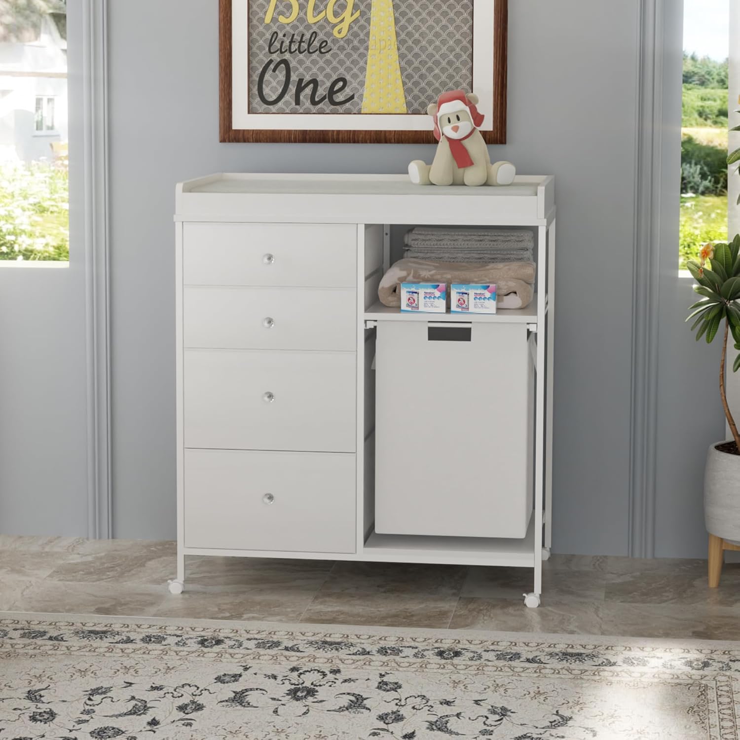 Baby Changing Table with Changing Table Top Mobile Diaper Changing Station with 4 Drawers Nursery Diaper Changing Station Built-in Trash Bag Storage for Newborn Toddler,White