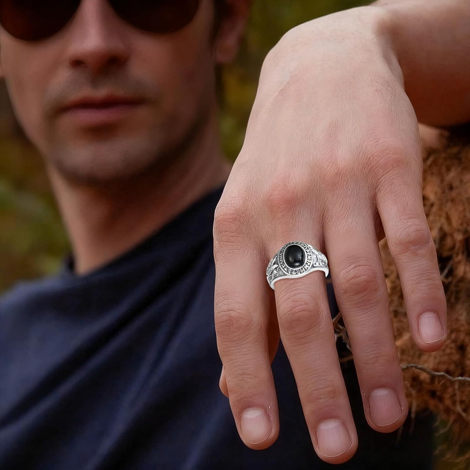 Men's Wolf and Eagle Ring Sterling Silver, Norse Runes Oval Shaped with Natural Gemstone (Black Onyx, Turquoise, Amber, Tiger Eye, Lapis Lazuli), Vintage Viking Jewelry Gift for Him - Image 5