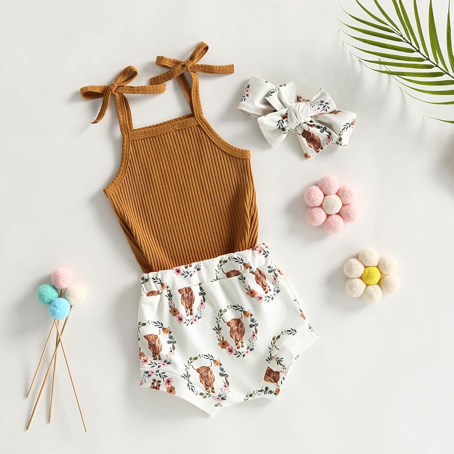 Kuriozud Newborn Infant Baby Girl 2 Piece Summer Outfits Tank Romper Top + Ruffle Bloomer Shorts Set Clothes - Image 2