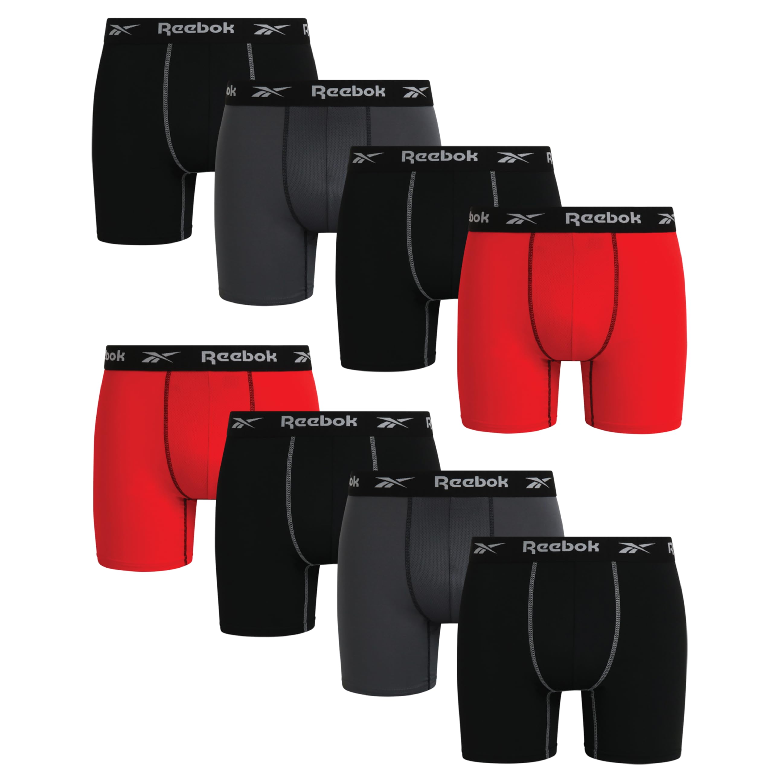 Reebok Mens Boxer Briefs - 8 Pack Stretch Performance Moisture Wicking 6 Inseam Mens Underwear Boxers with Contour