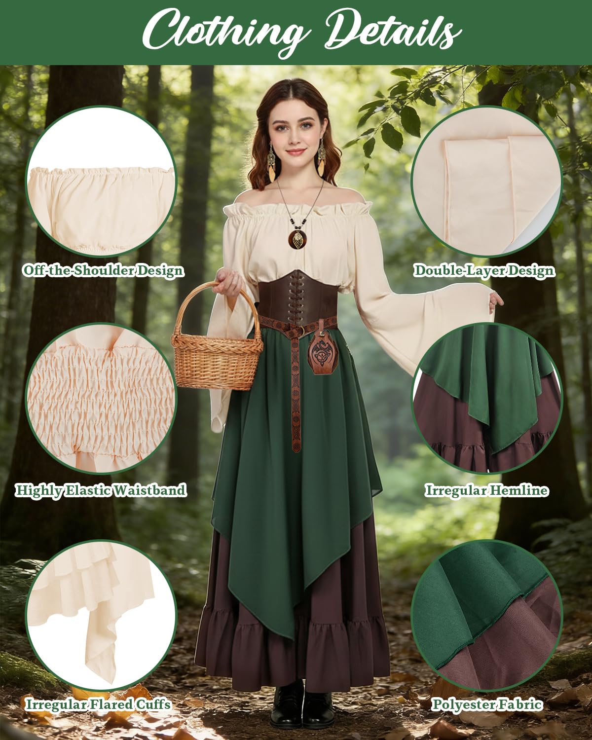 Set di Vestiti Medievali da Donna, Maxi Abito Rinascimentale con Spalle Scoperte, Maniche Corte, Marsupio, Costume Rinascimentale da Donna per Giochi di Ruolo Rinascimentali e Medievali
