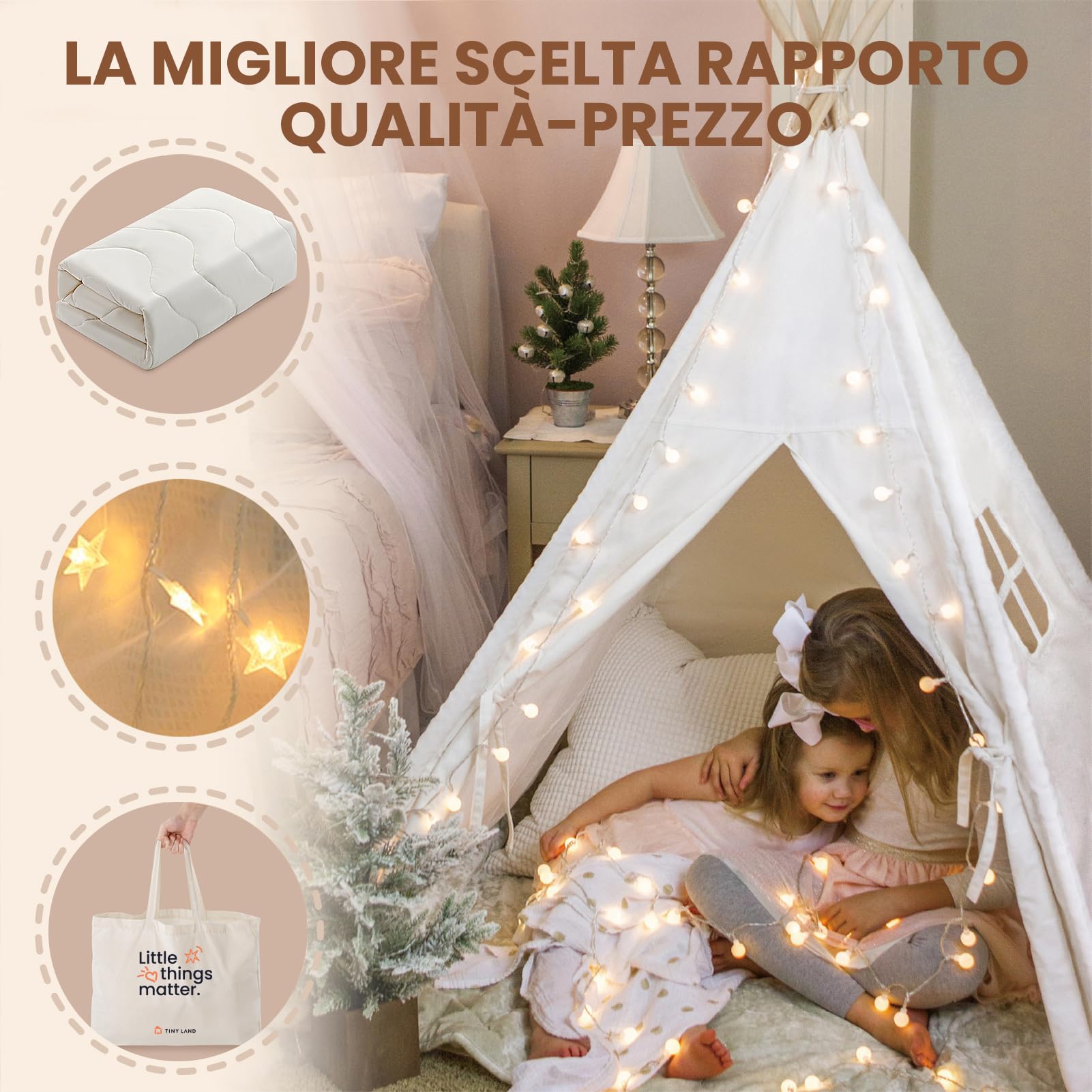 Tiny Land Tenda per Bambini, Tenda Gioco Bambini con Coperta & Fata Luci & Borsa di tela- Tende Indiana Bambini per 3 4 5 6 7 anni Bambina & Ragazzi, Tipi, Teepee