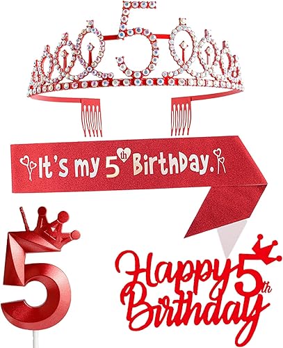 Vista 30 de Decoraciones de 7º cumpleaños para niña, incluyendo corona/tiara, banda, adornos para pastel de cumpleaños y velas del número 7, suministros de Rosa