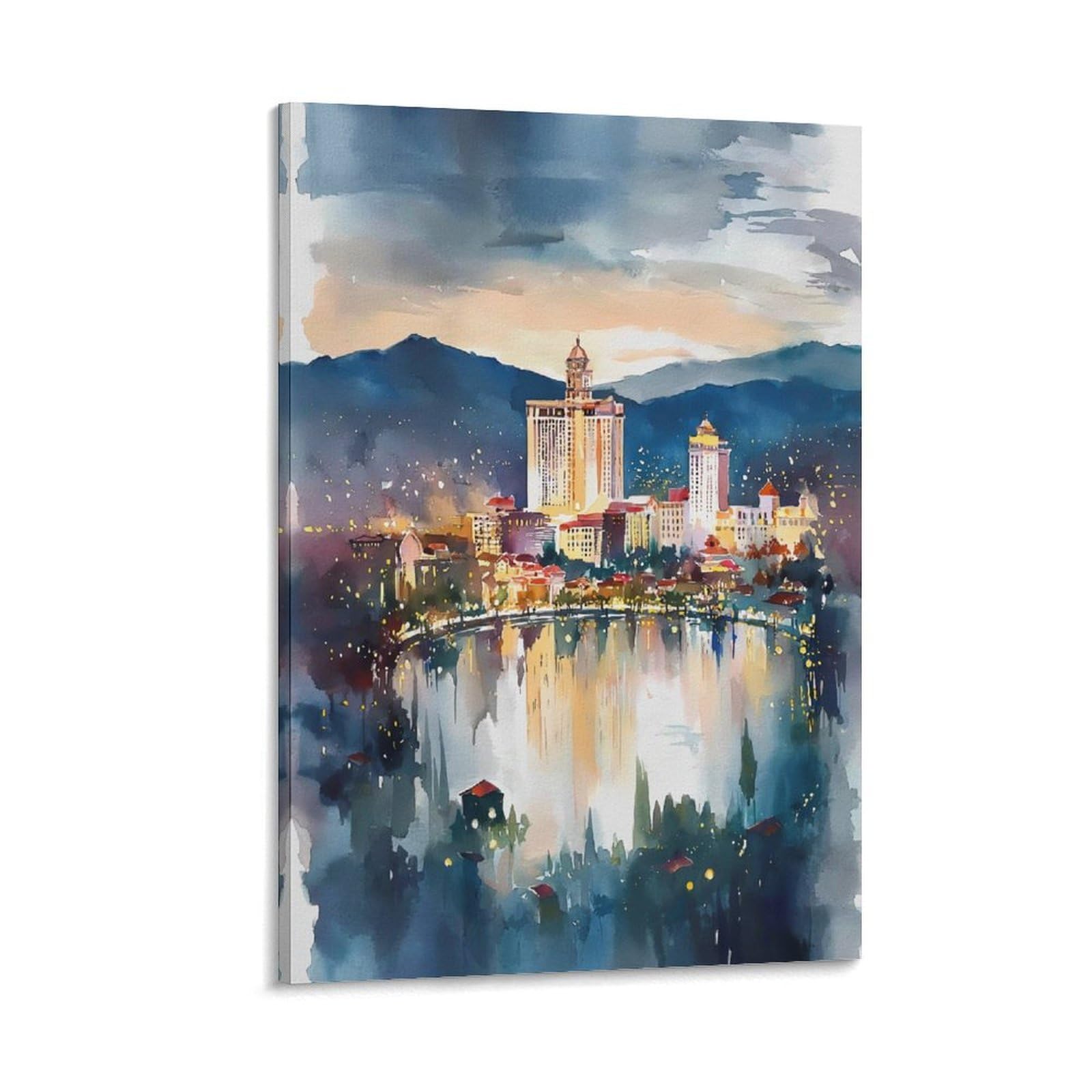 XWYMXZ Las Vegas Lake 20x30inch(50x75cm) Vintage Travel Poster Watercolor Canvas Art
