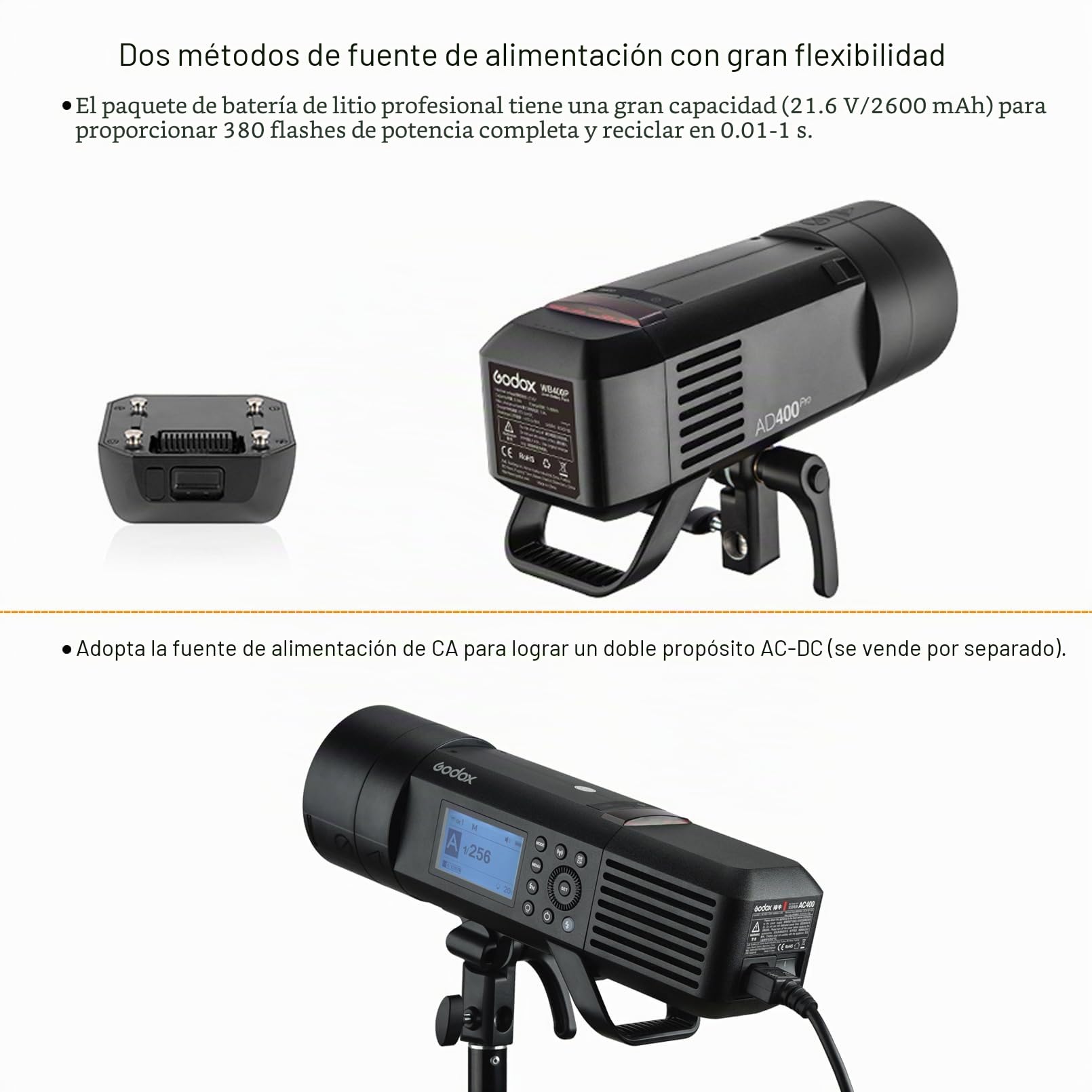 Godox AD400 Pro AD400Pro Flash estroboscópico para Exteriores, 400W 2.4G TTL 1/8000 HSS Monolight, 0.01-1s Reciclaje, 30W LED Lámpara de Modelado