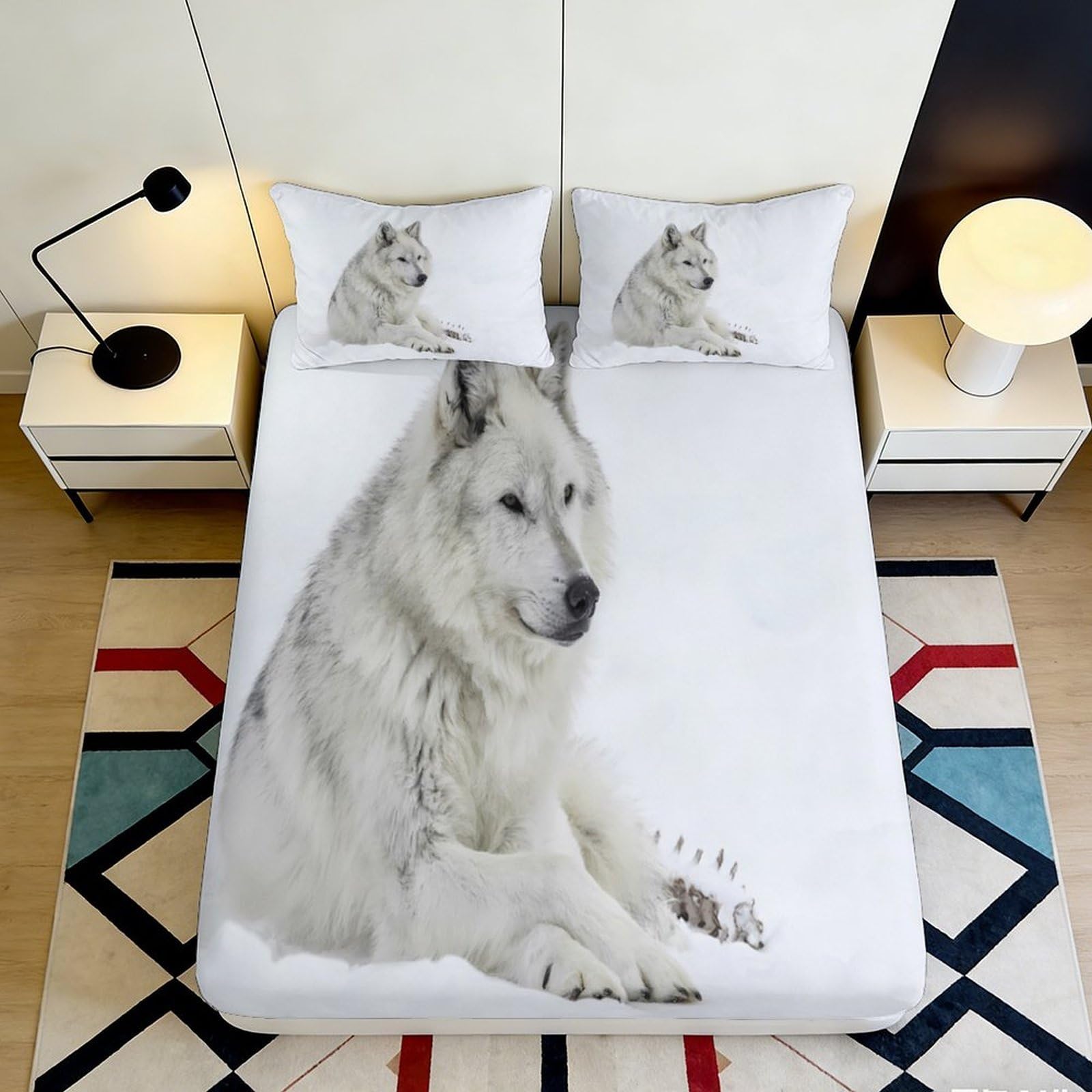 3D Printed White Wolf Fitted Sheet Microfiber Soft Anti-Slip Arctic Wolf Mattress Cover for Bedroom Guest Room Decor 90x200x25cm