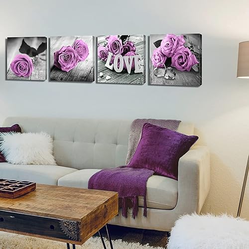 Miniatura 7 de Decoración de pared para habitación de niñas, rosa púrpura claro, lienzo para dormitorio, impresiones de flores en blanco y negro para baño,