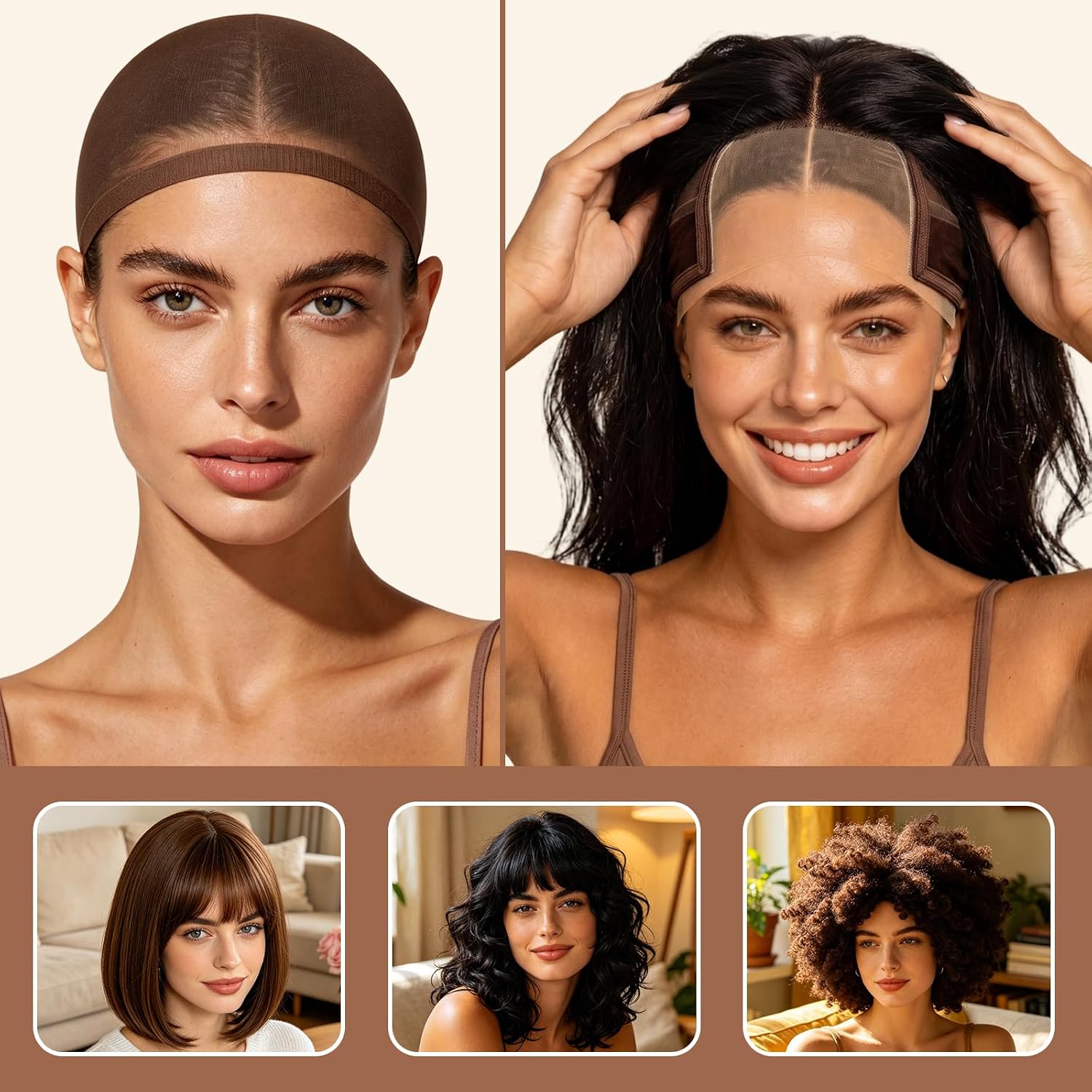 MEEZY Brown Lace Wig Grip Cap with 4 Pcs Stocking Hairnets for Women, Non-Slip Wig Caps with Grip Band for Lace Front Wig, Adjustable Elastic Headband Accessories for Secure Hold