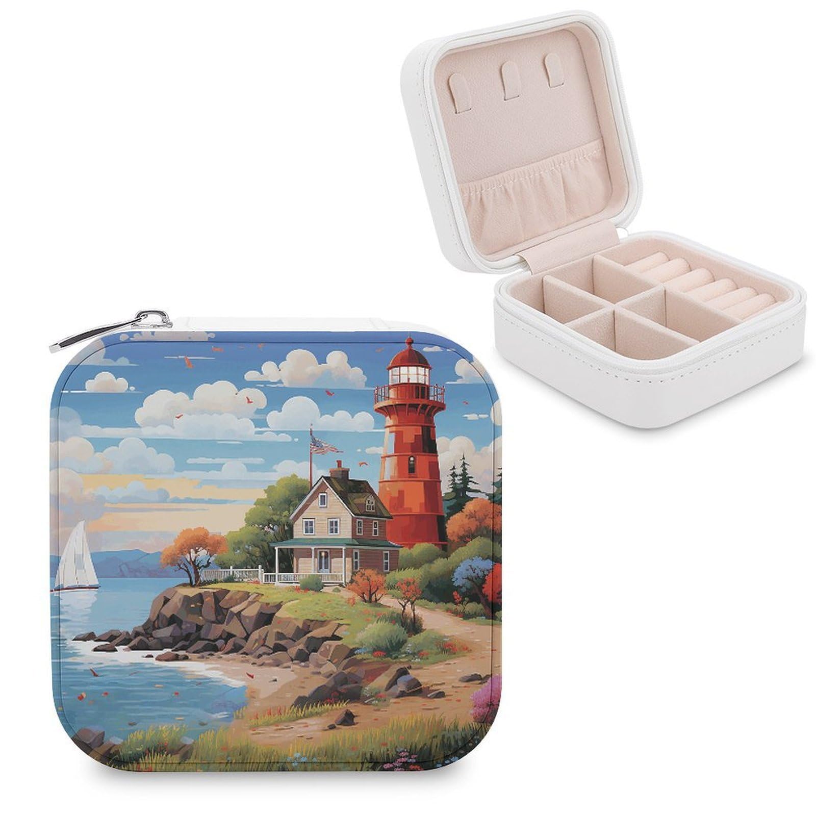VstaDank Coastal Lighthouse Travel Jewelry Case Zipper Portable Small Jewelry Box Custom Pu Leather Mini Traveling Jewelry Organizer for Rings Earrings Necklace Bracelet Girls Women