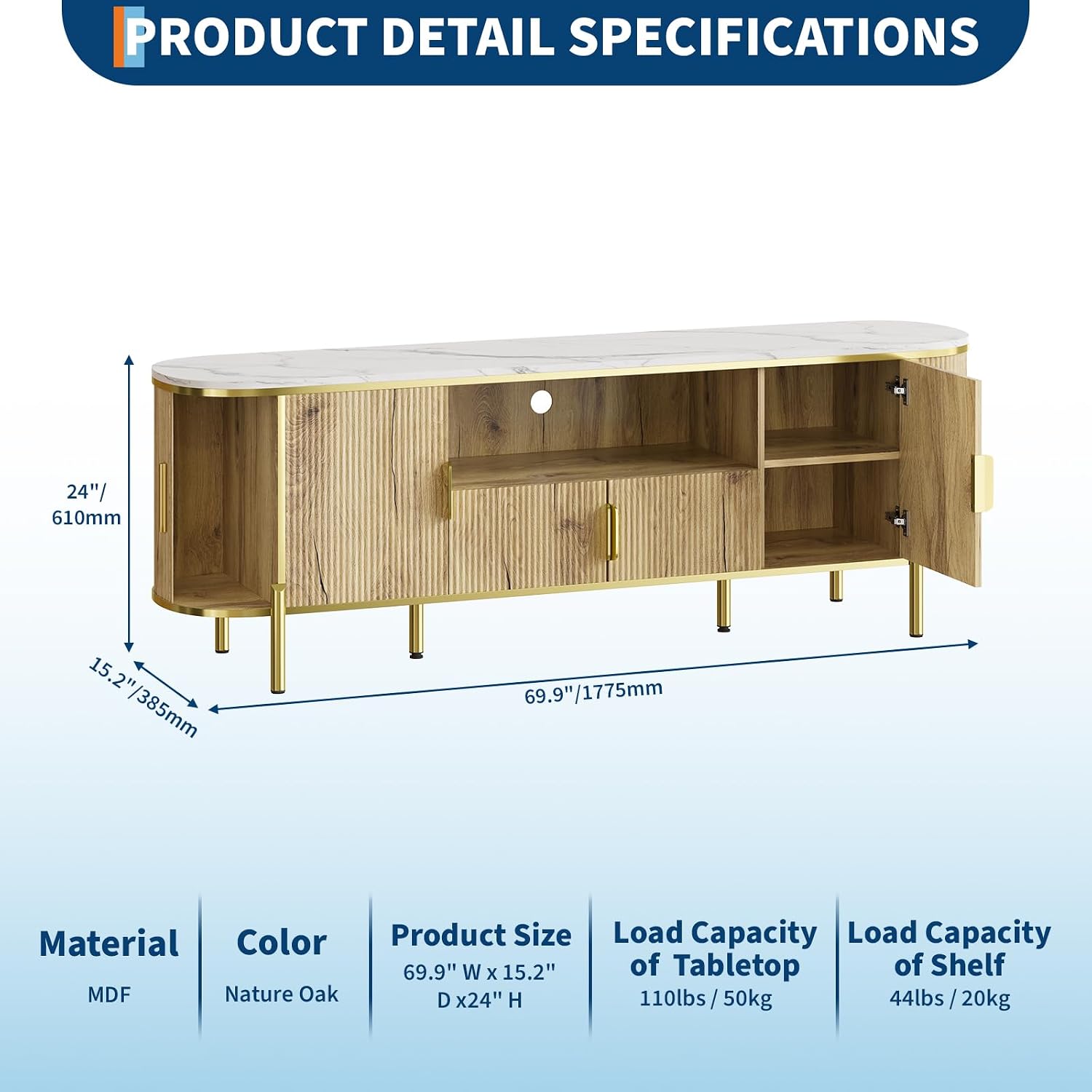 70" Modern TV Stand Console with Faux Marble Top & Curved Sliding Doors - Adjustable Shelves for TVs Up to 80", Fluted Design Wood TV Console Entertainment Center