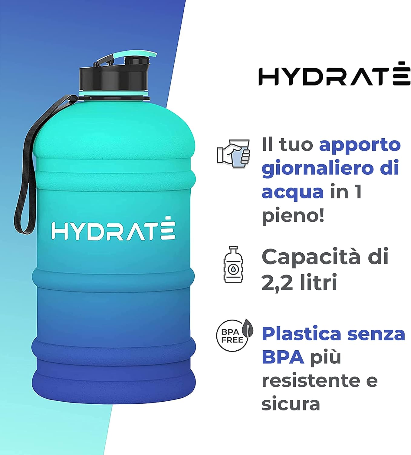 HYDRATE - Borraccia XL da 2,2 litri, senza BPA, con tappo a ribalta, ideale per la palestra – opzioni di colore (2,2 litri, blu laguna) 2,2 Litri Blu Laguna - Immagine 2