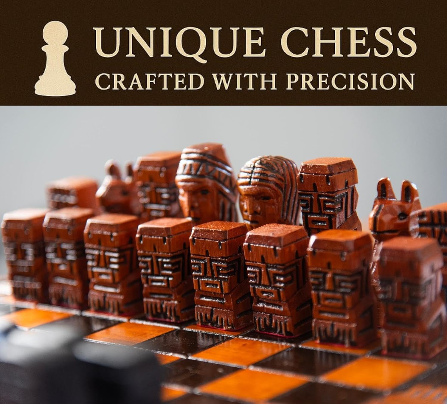 Hand Carved Luxury Chess Set Premium Oak Wood Board Decorative Artisan Pieces Set Gift Fancy Chess Set, Collectors Themed House Wooden Chess Decoration Unique Chess Sets Adults Handcrafted Designer