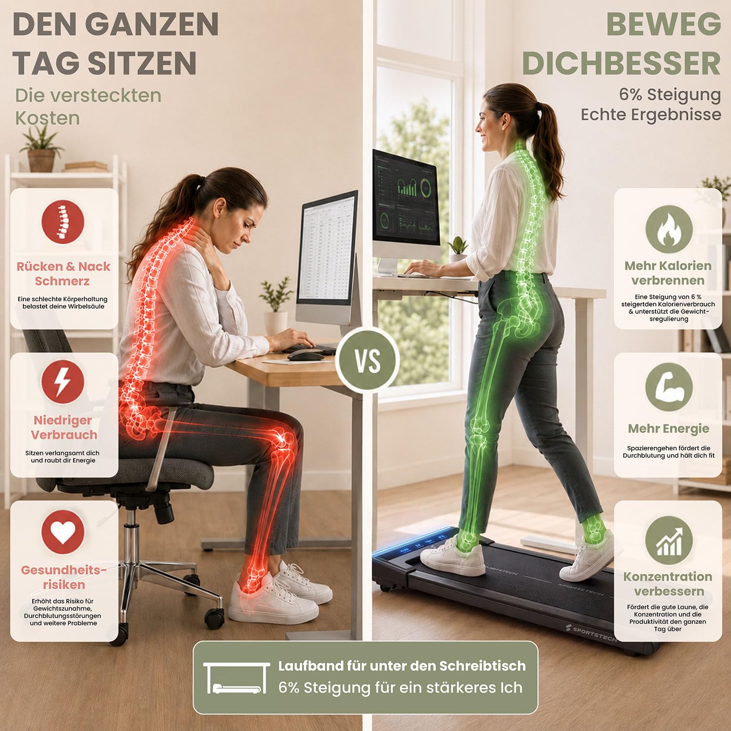 Sportstech sWalk Lite Walking Pad Laufband für Zuhause & Schreibtisch, mit Steigung 6%, bis 6 km/h, LED-Anzeige, App-Steuerung, Fernbedienung, leise, flach & kompakt, für Home Office, bis 150 kg