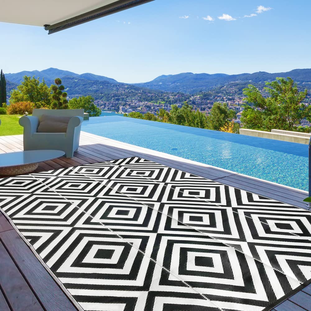 Pcinfuns Plastic Straw Rug,Patio Rugs RV Camping Rug Reversible Mat,9'x12' Large Floor Mat and Rug for Outdoor,Large Black Rhombus