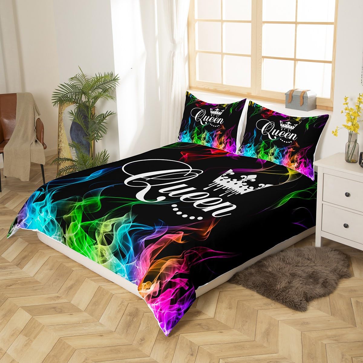 Homemissing King and Queen Crown Duvet Cover Set Modern Chic Bedding Set Super King Size Comforter Cover for Couples 3 Pieces Rainbow Colorful Flame Quilt Cover Valentines Day Gifts Bedding Cover - Image 2