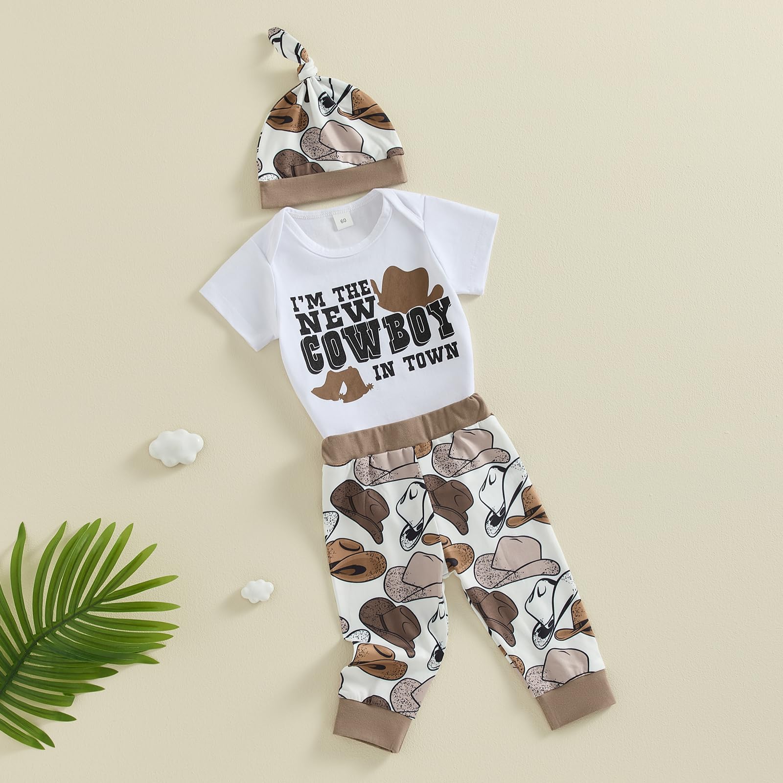 Gaono Western Newborn Baby Boy Cowboy Outfit Funny Letter Short Sleeve Romper+Long Pants+Hat Infant Country Clothes (White, 0-3 Months)