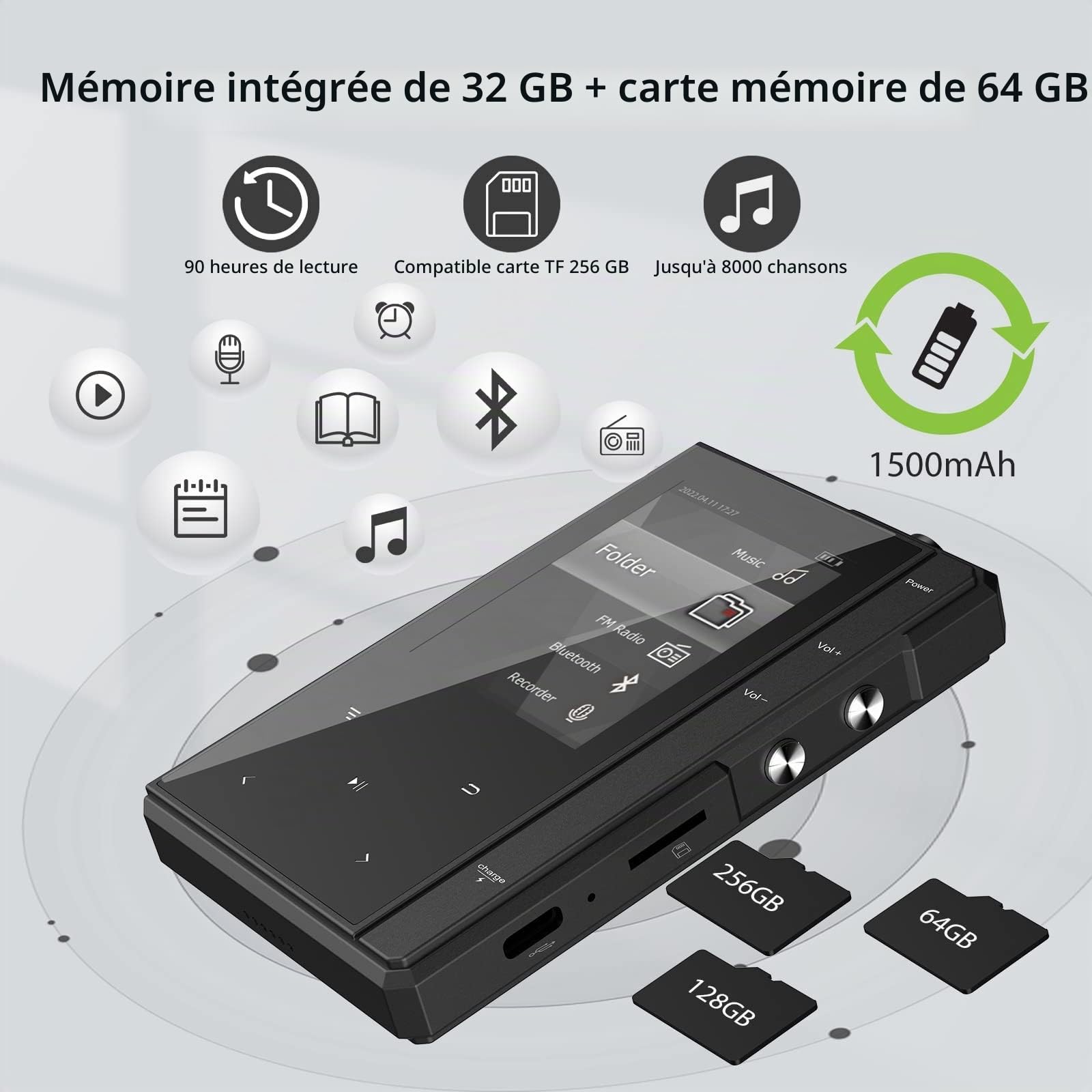 96Go Lecteur MP3 avec Autonomie de 90 Heures, Bluetooth 5.0, Lecteur Audio Numérique avec Haut-Parleur, Lecteur de Musique Portable IPS 2,4 Pouces, Radio FM, Enregistreur Vocal