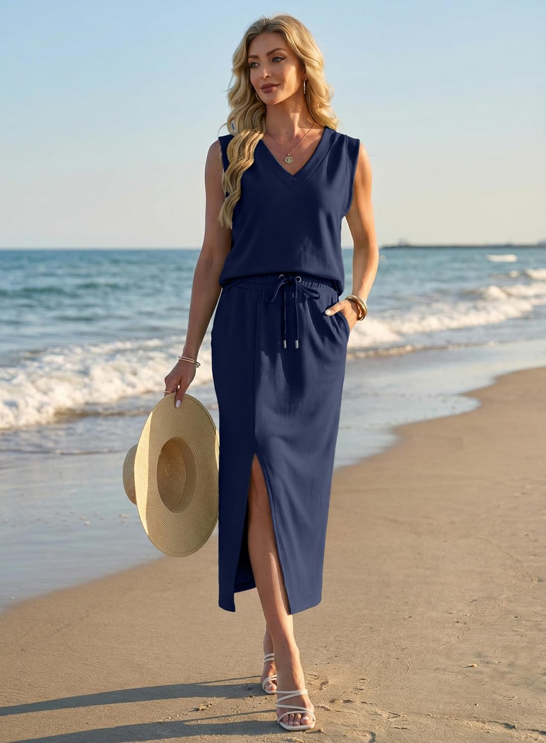 GRECERELLE 2026 Casual 2 Piece Sets For Women Summer V Neck Wrinkle-Free Sleeveless Top Side Slit Maxi Skirt With Pockets - Image 7