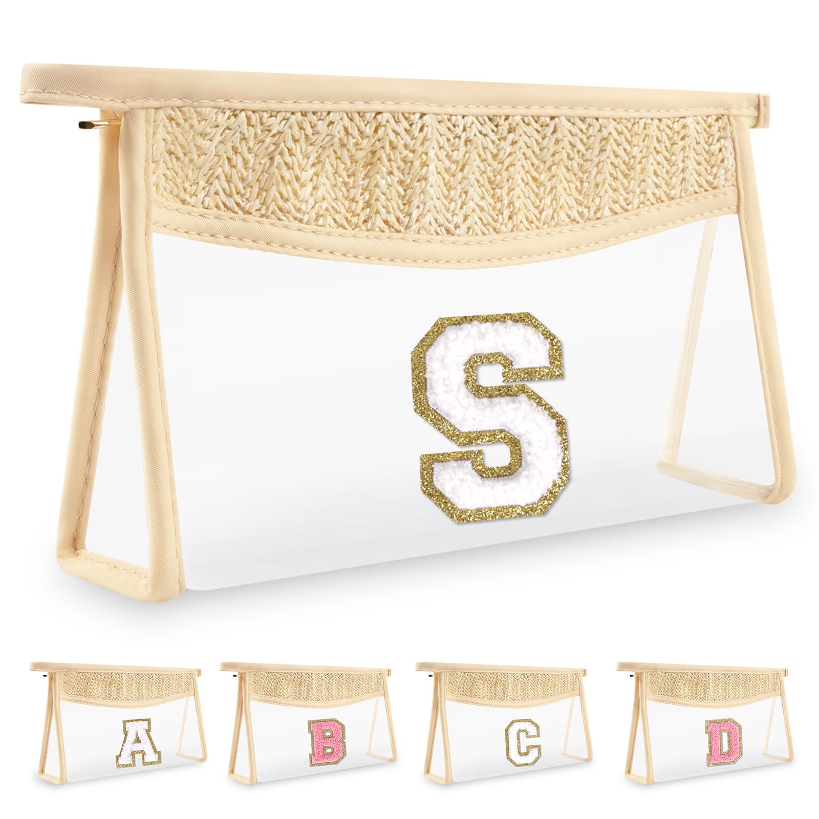 UIXIZQ Personalized Initial Letter Bag Boho Straw Clear Makeup Bag,Small Cute Chenille Varsity Letter Bag With Zipper,Beach Travel Toiletry Bag,