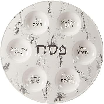 Rite Lite Marble Seder Plate Design Ceramic Passover Pesach Seder Dish Elegant & Modern Recipe Hebrew Jewish Holiday Party Decor Judaism Gifts 12