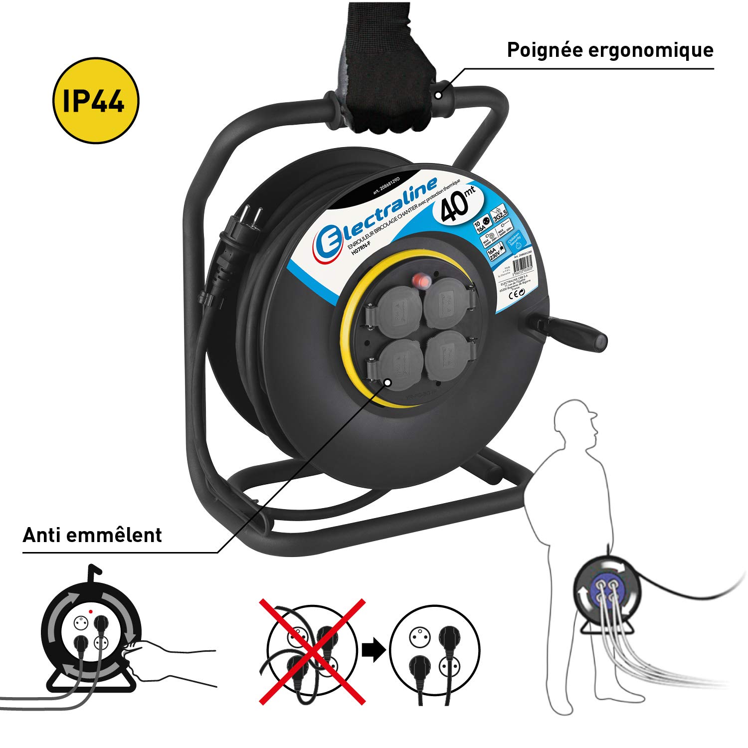 Electraline 20868129D Rallonge Prolongateur électrique IP44 Profesionnelle 40 m avec enrouleur Noir - Section 3G2,5 mm²