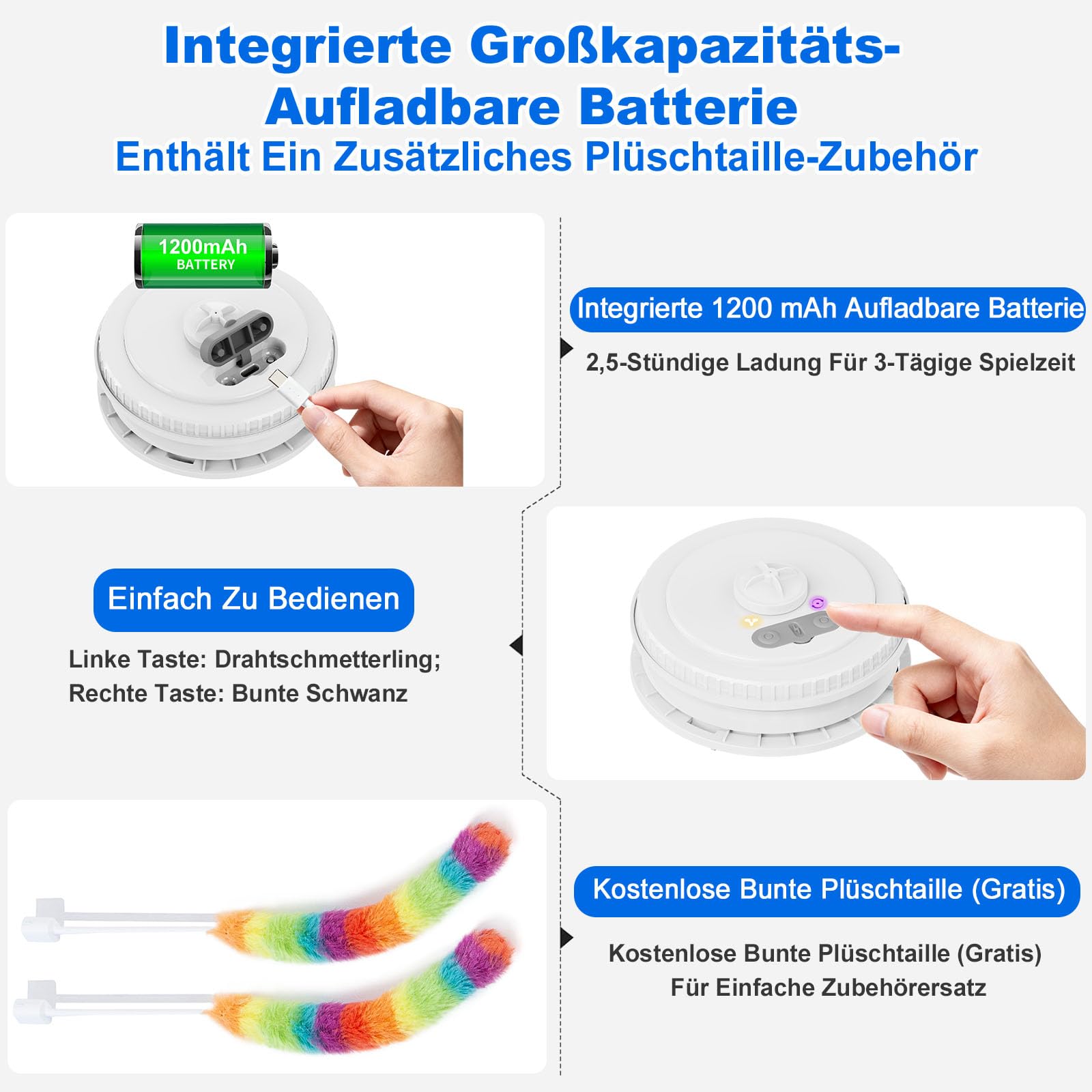 Interaktives Katzenspielzeug für Wohnungskatzen, [Neu aufgewertet] Wiederaufladbar, berührungsaktiviertes Versteckspiel-Katzenspielzeug mit flatterndem Spielzeug (Blau)