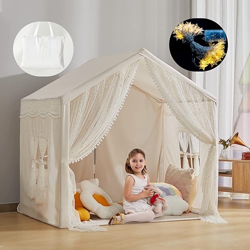 Tienda de campaña para niños con luces de estrella, casa grande para niños para interiores y exteriores, tienda de campaña para niñas decorada con