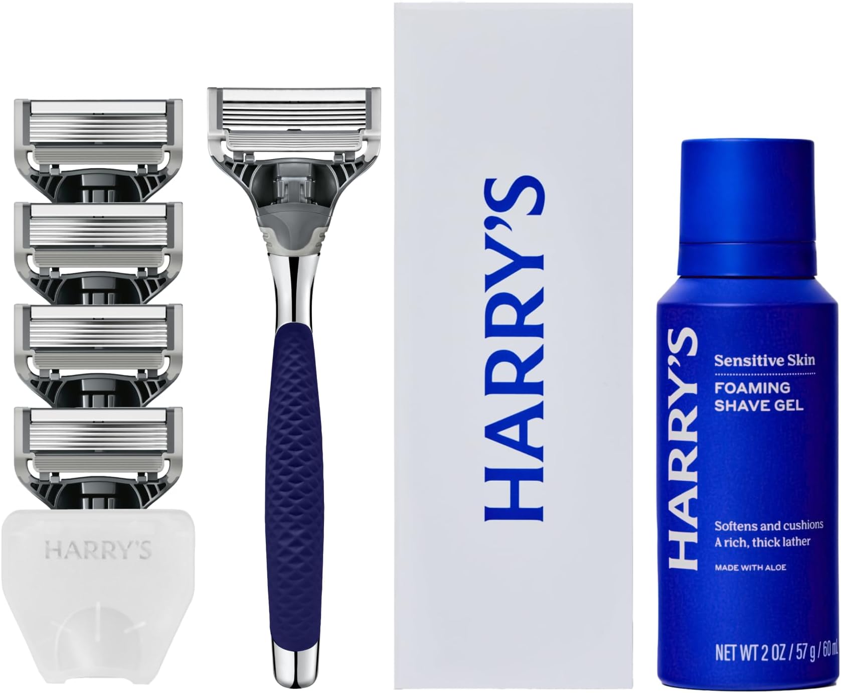 Harry's Original Shaving Kit for Men - Razor Handle, 5 Razor Blade Refills, Foaming Shave Gel, Travel Blade Cover - TSA Approved Travel Essentials - German Engineered - Chrome Edition