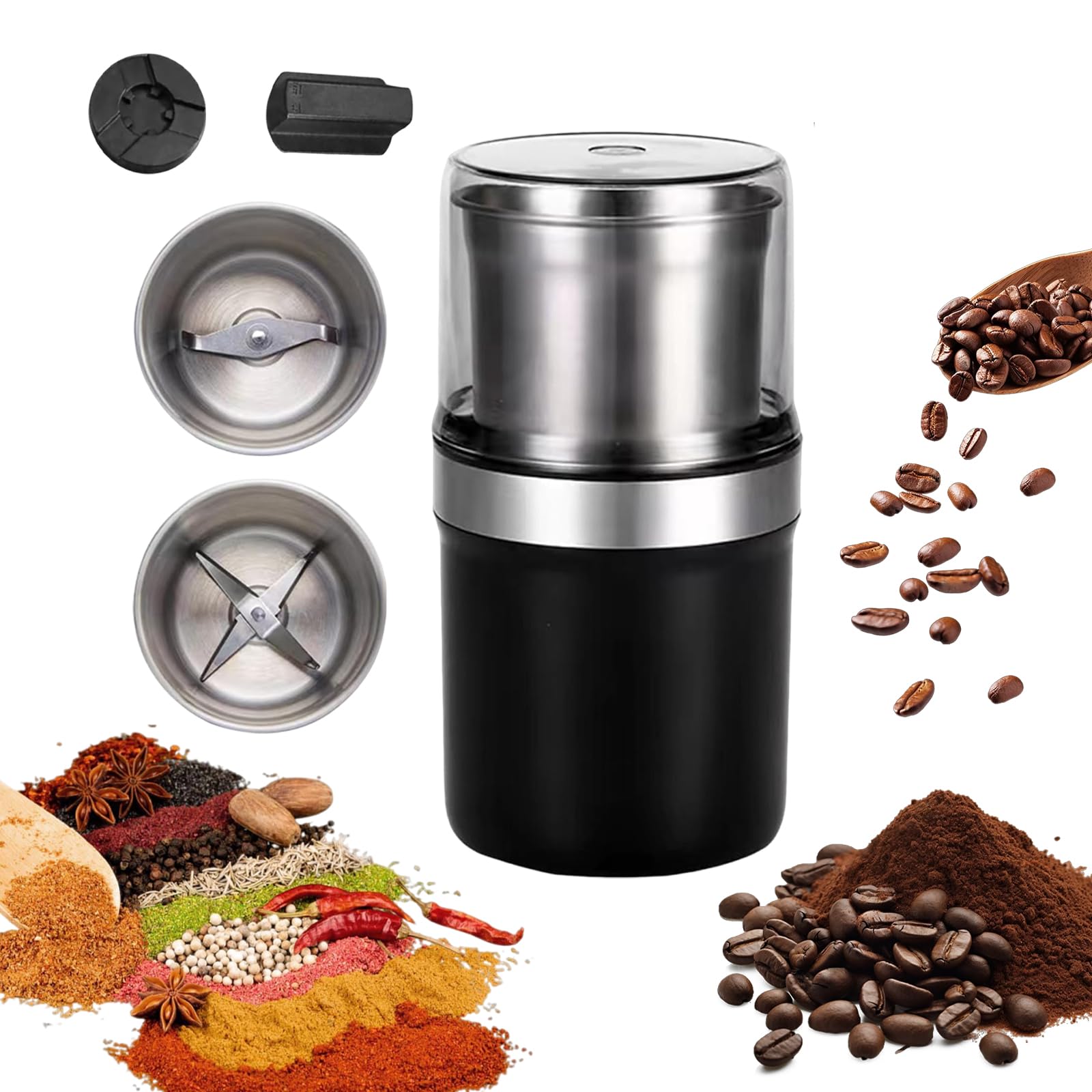Yuehuamech Electric Spice Blender 200W Coffee Bean Grinder Wet and Dry Grinders with 2 Stainless Steel Bowls for Herbs Spices Nuts Grains Seeds Espresso Pepper