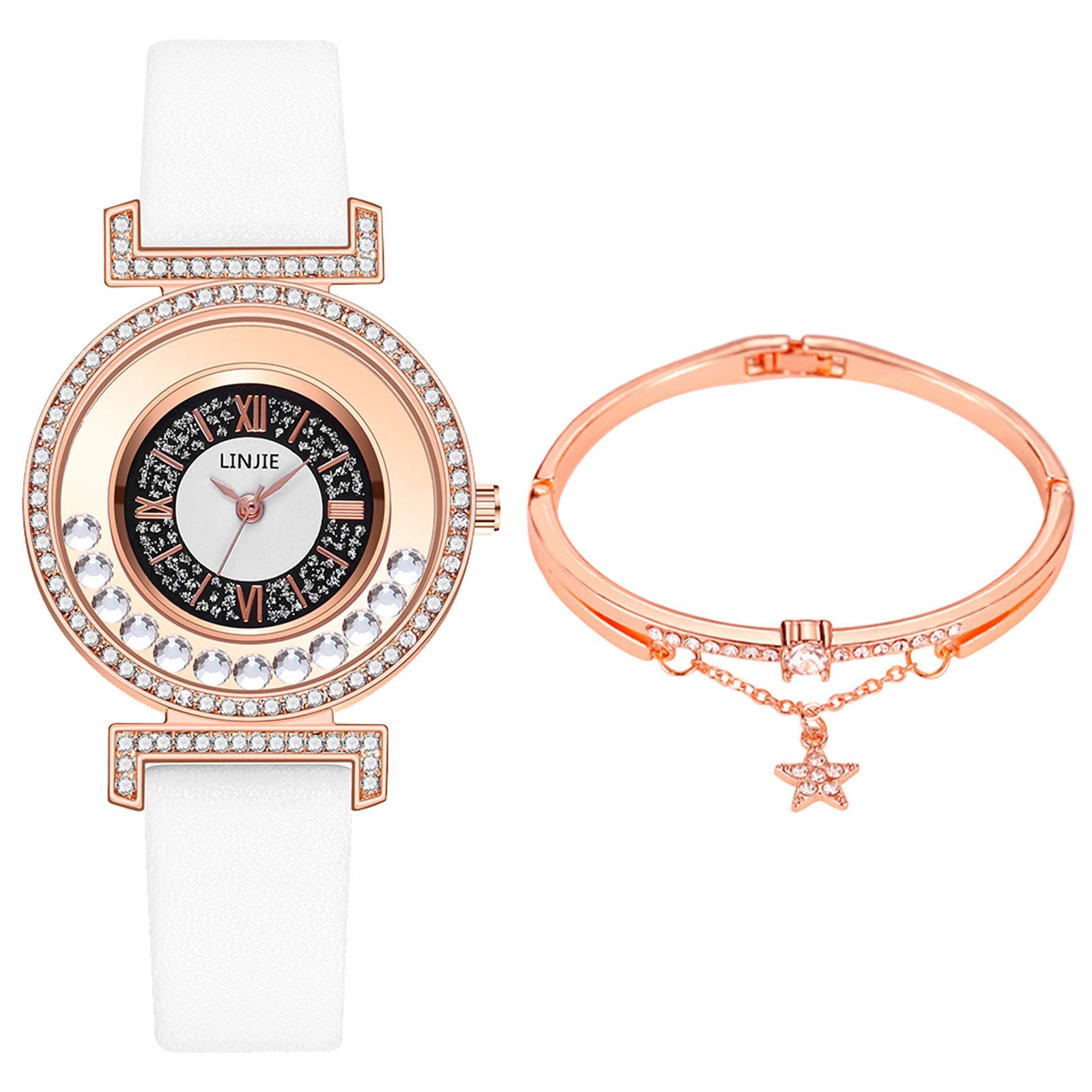 LINJIE Ladies Fashion Quartz Watch Leather Strap Watch Analog Watch Set Women Analog Quartz Watch