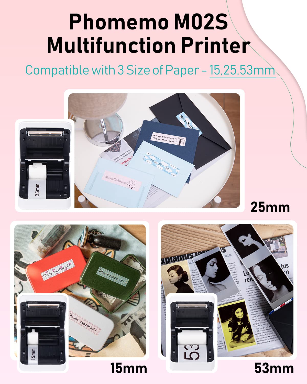 Phomemo M02S 300dpi Imprimante Photo Portable, Mini Thermique Bluetooth Imprimante de Poche Compatible avec Papier 15,25,53mm, pour Impression Photo, Journal, Cadeau, Étiquettes Maison - Blanc