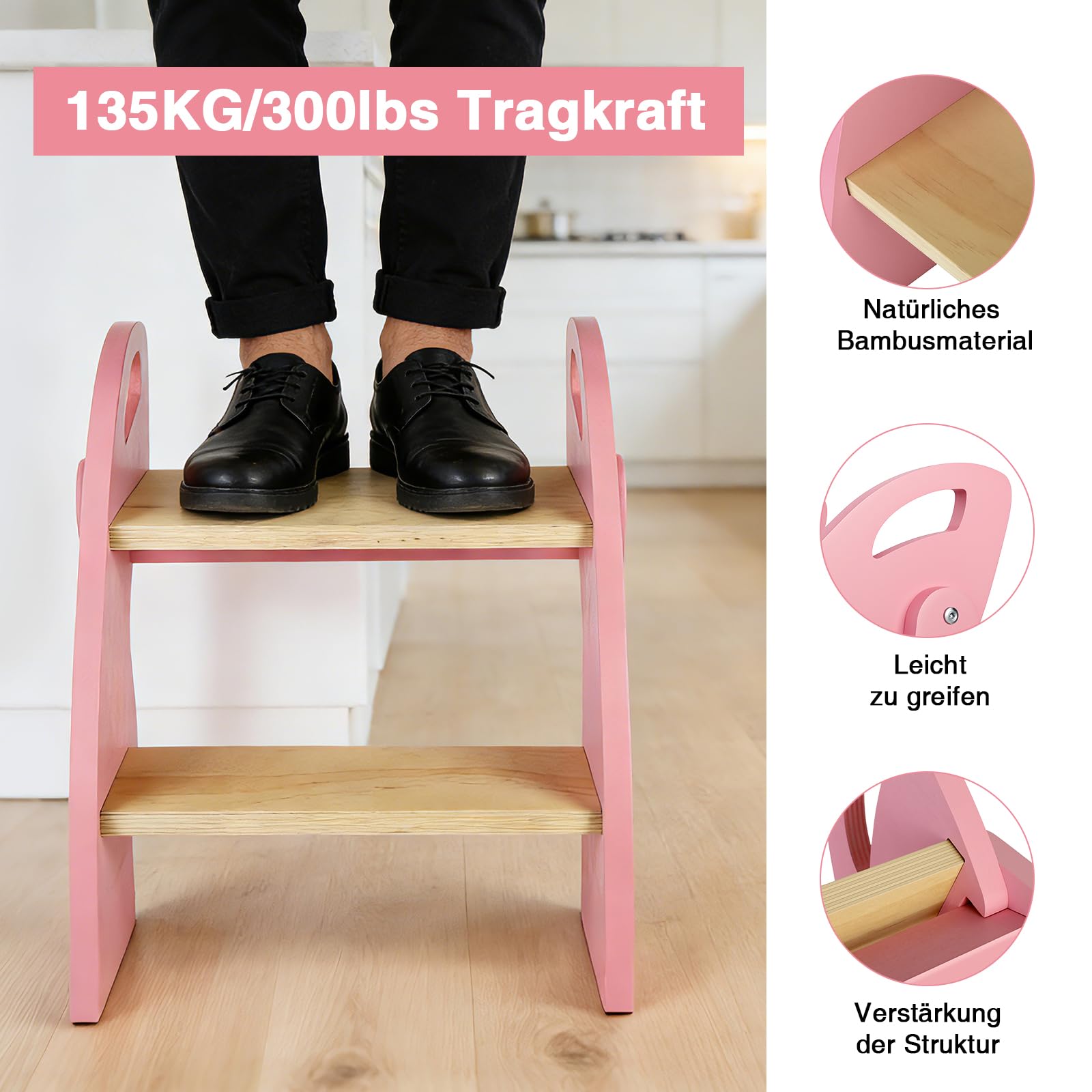 Sgabello per bambini a 2 gradini, pieghevole, in legno, con maniglia, portata fino a 135 kg, per bagno, lavandino, cucina, camera da letto, rosa