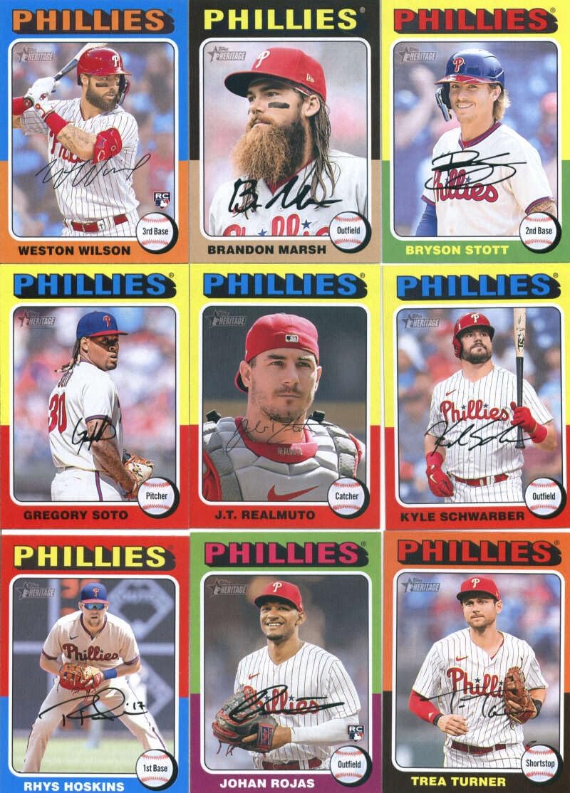 2024 Topps Heritage Philadelphia Phillies Team Set of 15 Cards: Weston Wilson(#105), Gregory Soto(#144), J.T. Realmuto(#159), Kyle Schwarber(#161), Rhys Hoskins(#163), Johan Rojas(#171), Trea Turner(#181), Nick Castellanos(#270), Taijuan Walker(#384), Bryce Harper(#405), Brandon Marsh(#414), Bryson Stott(#419), Alec Bohm(#469), Zack Wheeler(#493), Michael Lorenzen(#497) - Sportscard Superstore
