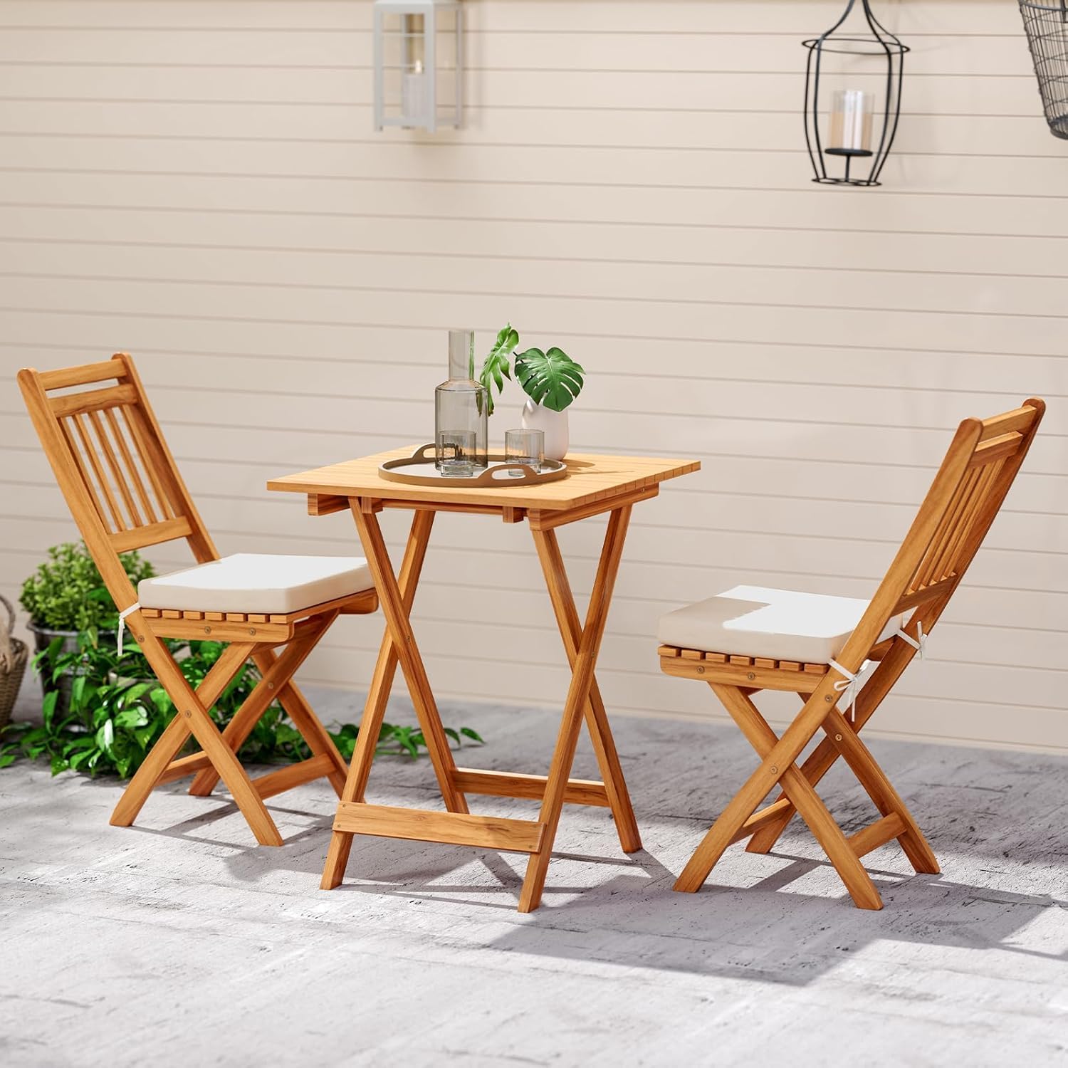 GOPLUS Juego de Mesa y Sillas Plegable de Madera de Acacia | Conjunto Bistro para Jardín de 3 Piezas con Mesa Cuadrada, 2 Sillas Plegables y Cojines para Terraza Patio Piscina